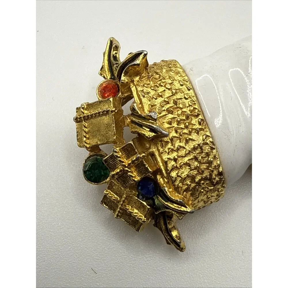 Vintage Arthur Pepper Christmas Brooch ART White Enamel Rhinestone Boot Stocking